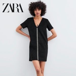 NWT Zara Vegan Suede X-Stitch Black T-Shirt Dress